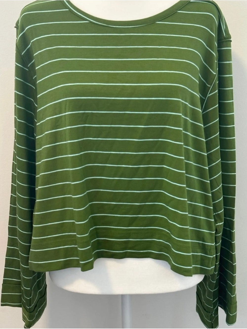 Anthropologie Olive Green and White Striped Long-Sleeve Tee